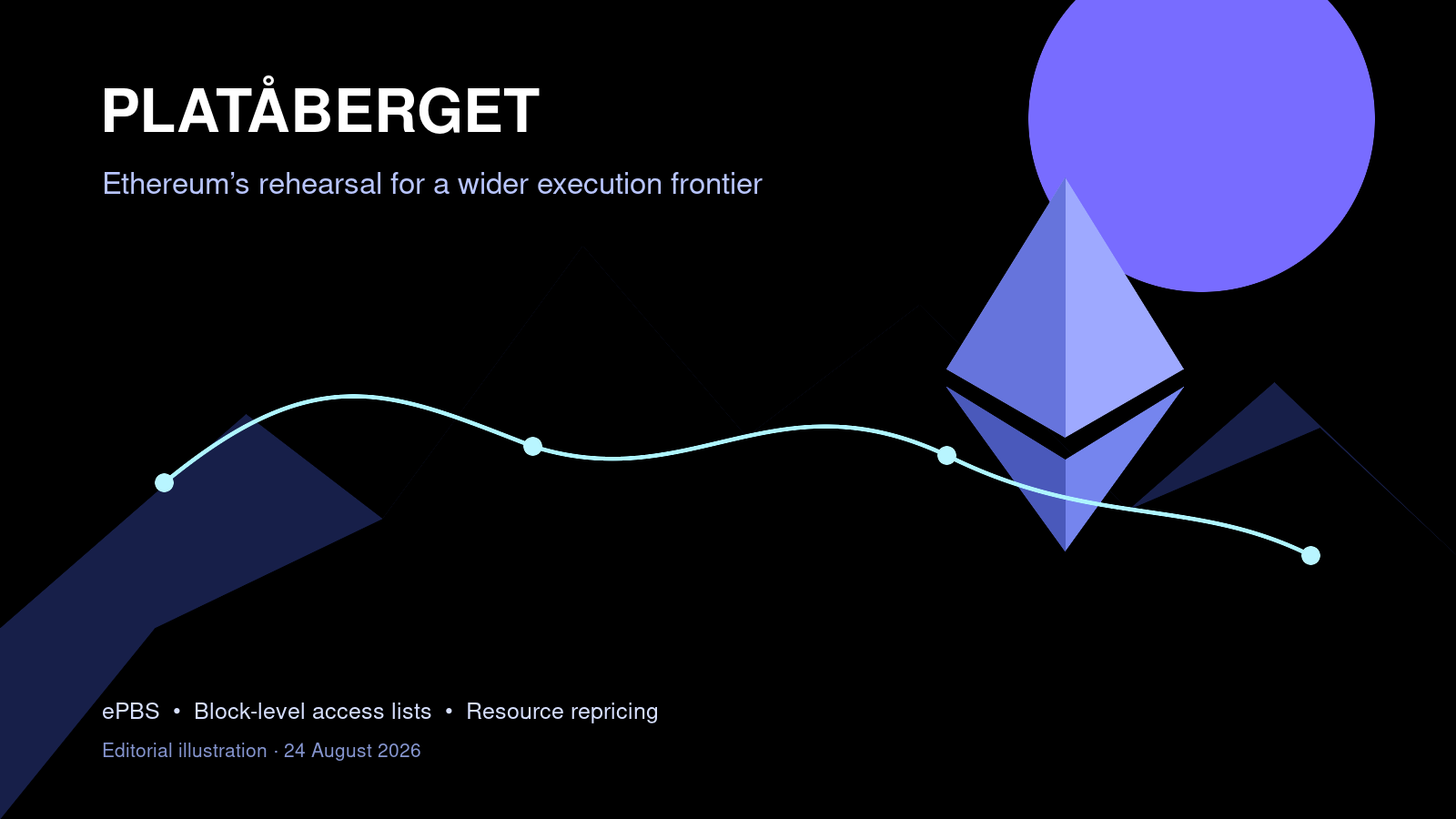 An editorial illustration of Ethereum crossing the Platåberget testing ridge