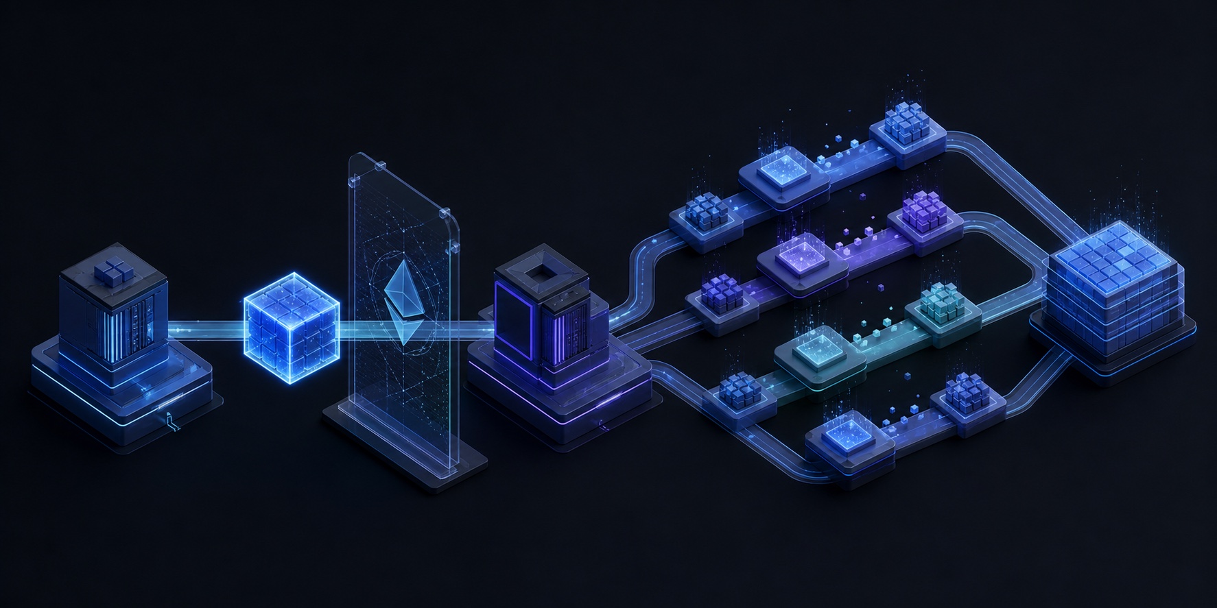 Editorial illustration of a verifiable block handoff opening into parallel state-processing lanes